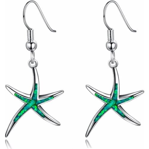 Drop Shipping 925 Sterling Silver Starfish Drop Earrings Green Blue Fire Opal Women Dangle Earrings Pendientes