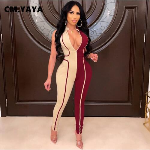 CM.YAYA Women Jumpsuit Patchwork Bodycon Rompers Female Fashion One Piece Overalls Casual Lounge Wear Jumpsuits Autumn Outfits