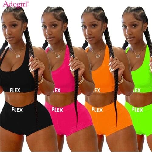 Adogirl Letter Print Women Two Piece Set Crop Vest Tank Top Shorts 2020 Summer Bathing Suit Women Fashion Fitness Tracksuit