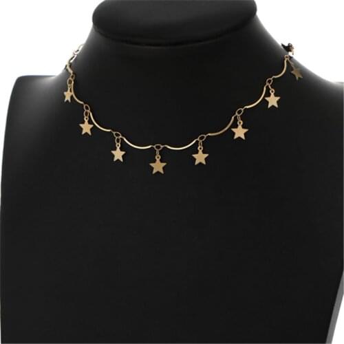 Summer Galaxy Choker Necklace Iron Alloy Gold & Arc Pentagram Star Chain Necklaces For Women Best Jewelry Gift 30cm Long, 1 PC