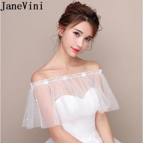 JaneVini 2018 White Bridal Bolero Coat With Pearls Off Shoulder Beaded Lace Up Back Bride Shoulder Wraps Bolero En Dentelle