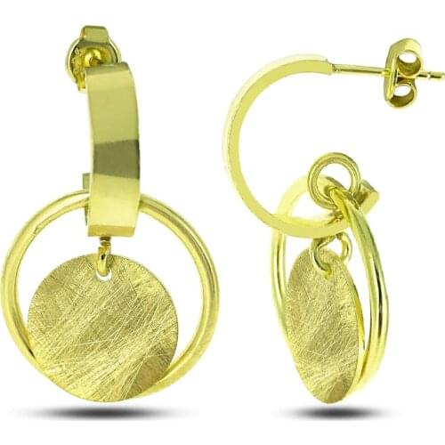Gold Color Round Striped Plate 925 K Silver Earrings