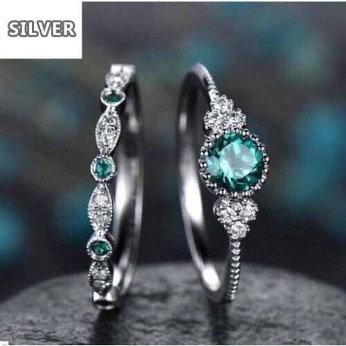 3 Colors Stackable Double Rings Sets For Women 925 Silver Round Green Blue Zircon Stone Engagement Female Birthstone Ring