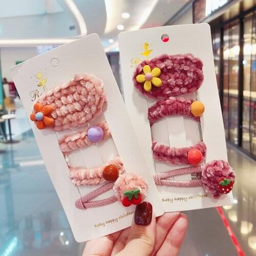 3Pcs/Set Children Cute Colors Flower Fruit Carrot Knitting Plush Hairpins Girls Hollow Waterdrop Hair Clips Kid Hair Accessories
