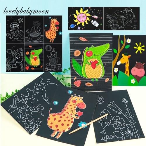 6pcs Magic Scratch Painting Art Paper Card Set Cute Cartoon Zoo Sea Animal Kids Learning Art Painting Boys Girls Children Gifts