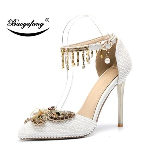 BaoYaFang 2019 NEW ARRIVE Ankle Strap Wedding shoes Woman High heeled pointed toe 11cm Bridal Sweet Party dress shoes