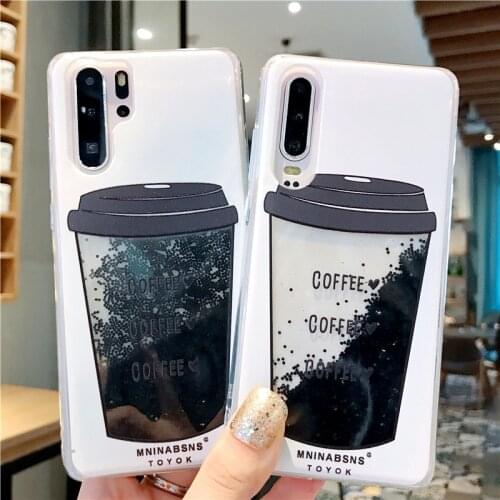 Coffee Cup Glitter Liquid Case For Huawei P40 P30 P20 Mate 30 20 10 Lite Pro Cases Dynamic Qicksand Soft TPU Silicone Cover