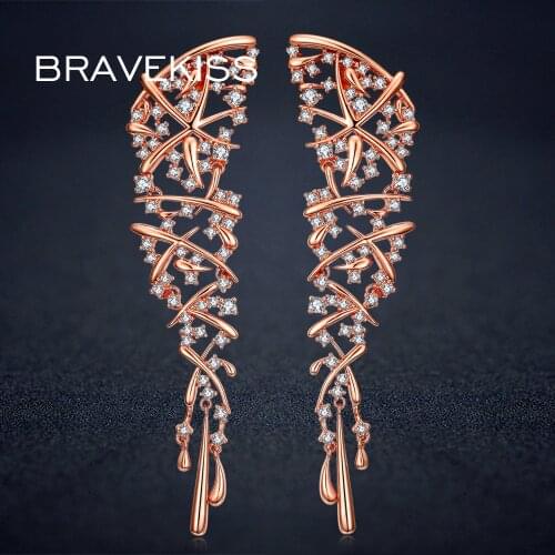 BRAVEKISS Long Tassel Drop Earrings Rose Gold Wide Large Dangle Earrings Rhinestone Hollow Party Brincos Jewellery BUE0317