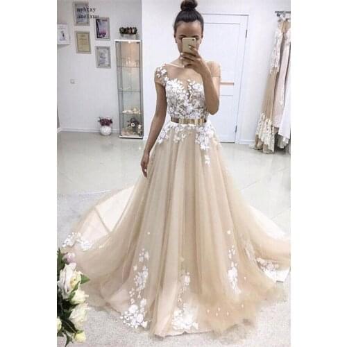 Champagne A-line Cheap Wedding Dress Lace Appliques Vestido De Noiva 2020 Latest Short Sleeve Tulle Wedding Gowns Bridal Gowns