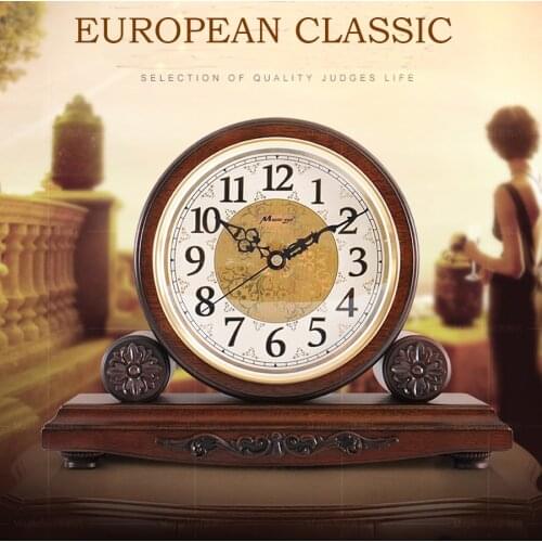 European Music Wooden Table Clock Vintage Living Room Bedroom Solid Wood Desk Clock Retro Home Decoration Mute Table Watch