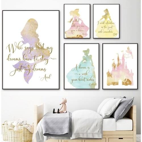 Classic Cartoon Anime Princess Castle Poster Watercolor Art Painting Canvas Print Nursery Girls Wall Pictures Baby Shower Gifts