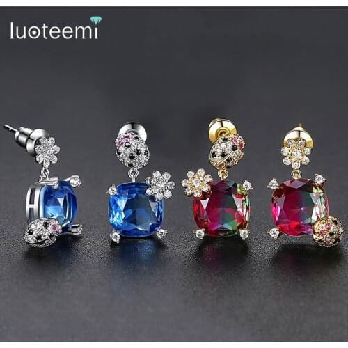 LUOTEEMI Lovely Colorful Animal&Flower Dangle Drop Earrings for Girls Dating Party Square CZ Double Color Fashion Jewelry Gift