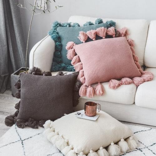 Pillow Cases Knitted Solid Color Square Pillow Covers Knitting Sofa Bed Cushion Case Tassels Home Decor