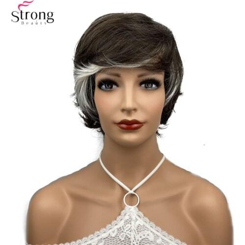 StrongBeauty Womens Nature Short Wigs Hair Synthetic Brown/White Highlights Wig