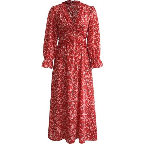 Spring Fall Elegant Women Dress Sexy Deep V-Neck Fashion Floral Ruffle Long Sleeve Midi Dresses Casual Boho Beach Robe Femme