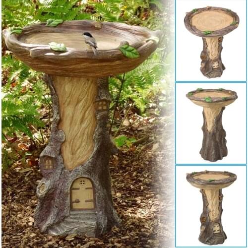 Full-Size Fairy Garden Birdbath with Miniature Fairy House in A Tree Stump Hand-Painted All-Weather Wood-Look Resin MUMR999