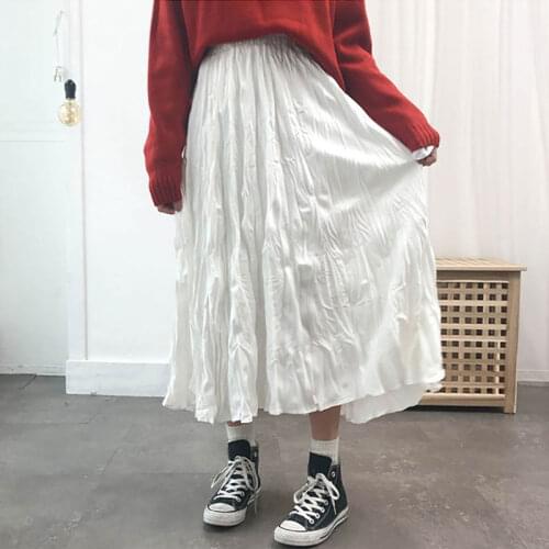 Long Midi Skirts Womens 2020 Spring summer Elastic High Waist Folds Tutu Pleated Skirts Female Black White Long Skirt Streetwear