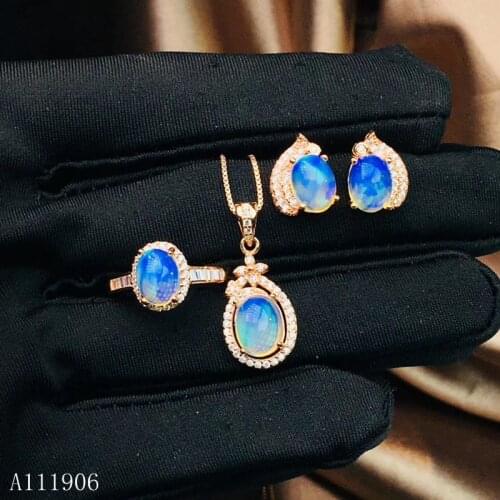 KJJEAXCMY Boutique Jewelry 925 Sterling Silver Inlaid Natural Opal Gemstone Female Pendant Necklace Ring Earrings Set Suppo