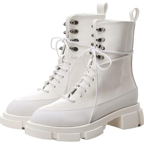 Rock Shoes Woman Winter Boots Genuine Leather Fur Boots-women Low Heels booties Lace Up Round Toe Luxury Designer White Rubber