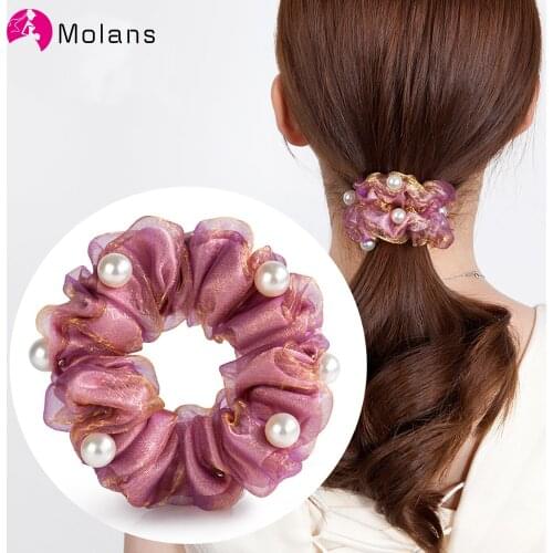 Molans Korean Elegant Fashion Hair Accessories Women Rose Flower Pearl Rhinestone Hair Bands Elastic Hair Rope Ring Scrunchies