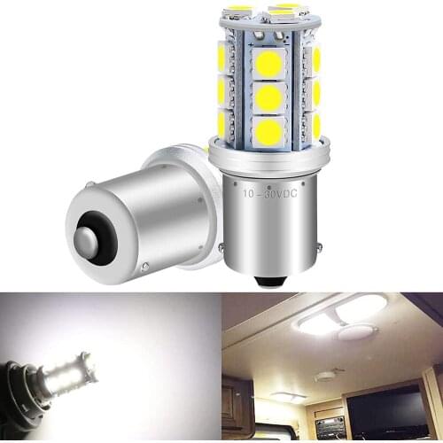 2-Pack 1156 7506 1141 1003 1073 1095 5050 18 SMD White LED Light Car Interior RV Camper Lamps Tail Backup Bulbs 10V-30V-DC