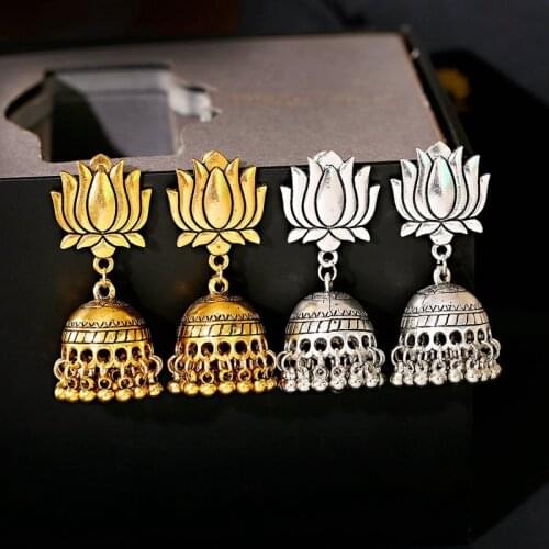 2020 Indian Lotus Shape Jhumka Earrings Ethnic Gypsy Gold Alloy Bell Tassel Drop Earring Fashion Jewelry