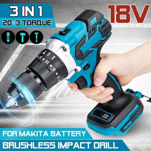 3 In 1 13mm 18V Brushless Electric Screwdriver Electric Cordless Hammer Drill 20+3 Torque Impact Drill for Makita 18V Battery