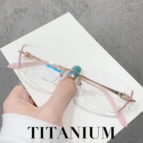 Anti Blue Light Titanium Prescription Glasses Womens Ti Computer Eyeglasses Myopia Girl Pink Diamond Cutting Reading Glasses