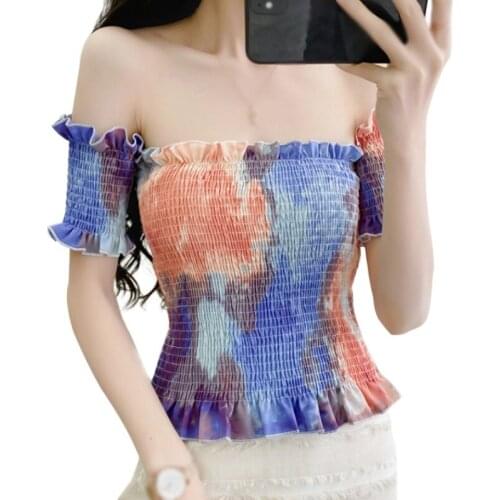 Womens Tie-Dyed Slash Neck Blouses Korean Fashion Summer Sexy Sweet Exposed Navel Short Sleeve Shirt Tops New