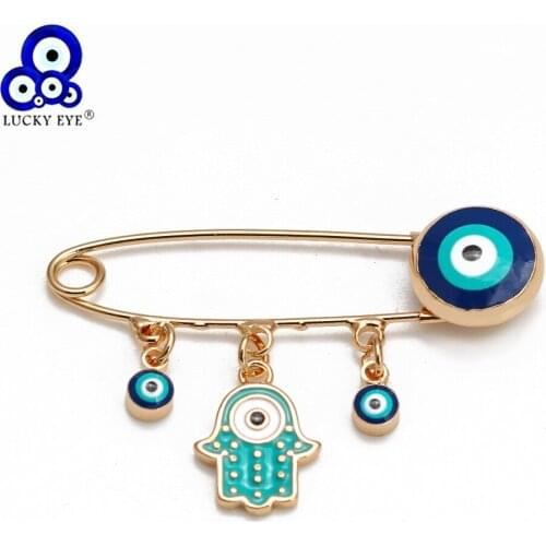 Lucky Eye Fatima Hamsa Hand Turkish Evil Eye Brooch Pin Copper Gold Silver Color Brooch for Women Men Fashion Jewelry BE229