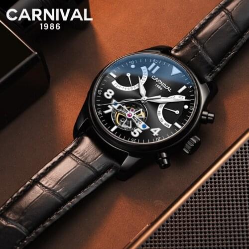 CARNIVAL Business Casual Automatic Mechanical Watch Relogio Masculino Men Waterproof Men Skeleton Watch Leather Strap Male Clock