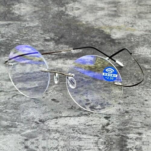 Men Women Blue Light Blocking Ultralight Rimless Round Portable Frameless Reading Glasses +0.75 +1 +1.25 +1.5 +1.75 To +4