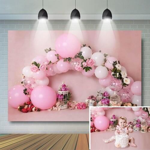 Pink Balloons Baby Birthday Photography Backdrop Cake Smash Rose Flower Banner Child Background Baby Photo Curtain Studio