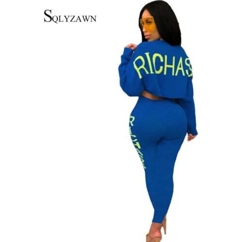Streetwear Letter Printed Two Piece Pants Set Women Fall Fashion Blue Long Sleeve Crop Top and Jogger Trousers Matching Outfits