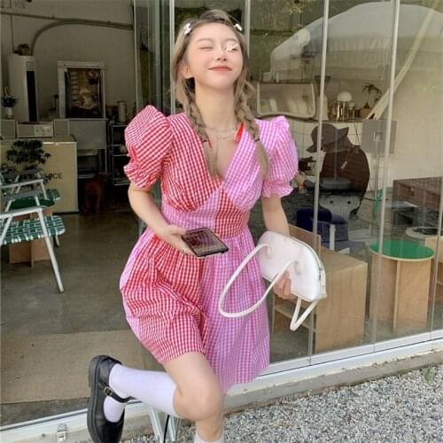 Korean Chic Preppy Style Summer New Kawaii Soft Girly Dress Bow Sweet V-Neck Cute Puff Sleeve Plaid Splicing Mini Pink Dresses