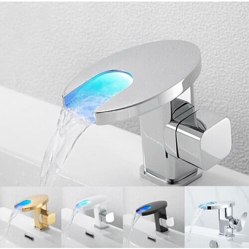 LED 3 Colors Basin Faucet Brass Waterfall Temperature Bathroom Hot Cold Mixer Deck Mounted Black Gold Wash Sink Waterpower Taps