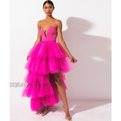 Sweet Fashion Fuschia Satin and Tulle Hi-Lo Party Dresses for Evening Tiered Custom Made Zipper Back Formal Dress vestidos