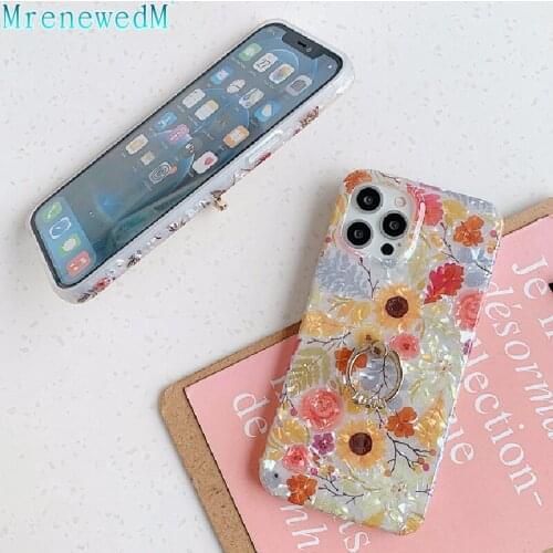 MrenewedM 12 Mini Flower Ring Stand Case For iPhone 11 Pro XS Max X XR 7 8 Plus SE2 Shell Pattern Anti-Fall Soft Silicone Cover