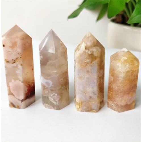 100G Natural Cherry Blossom Agate Single Point Tower Rose Quartz Crystal Wand Spiritual Healing Chakra Stone