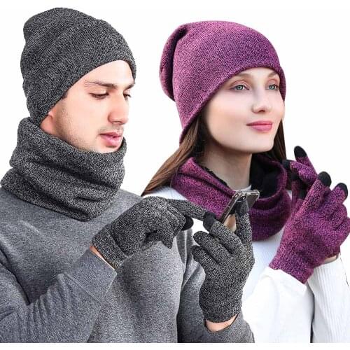 2019 New Winter Hat Scarf Gloves Set for Men Women Knitted Beanie Fleece Ring Scarves Outdoor Warm Touch Screen Glove