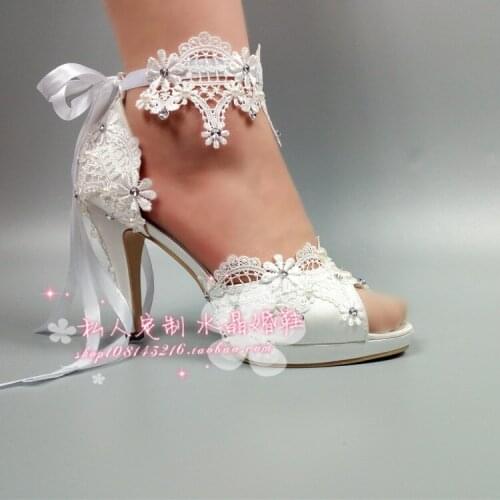 New bridal lace silk satin wedding shoes super high heel Bridesmaid Wedding Photography versatile crystal pearl Wristband