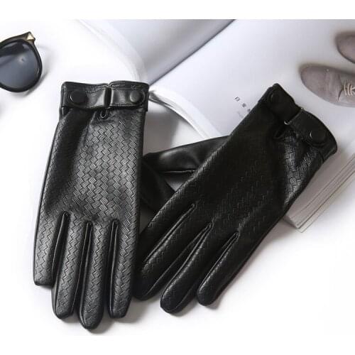 Winter Men Genuine Leather Gloves Touch Screen High Quality Solid Black Real Sheepskin Driving Glove Button Fashion G583