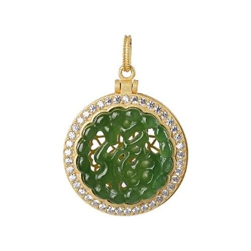 S925 sterling silver gold-plated natural Hetian jade green jade pendant vintage hollow Fu pattern perfume bag pendant