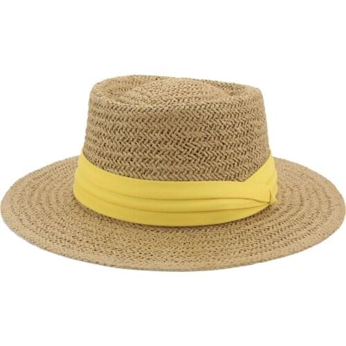 Summer women hats wide brim round top belt band straw sun hats khaki black sun protection casual outdoor beach straw sun hats