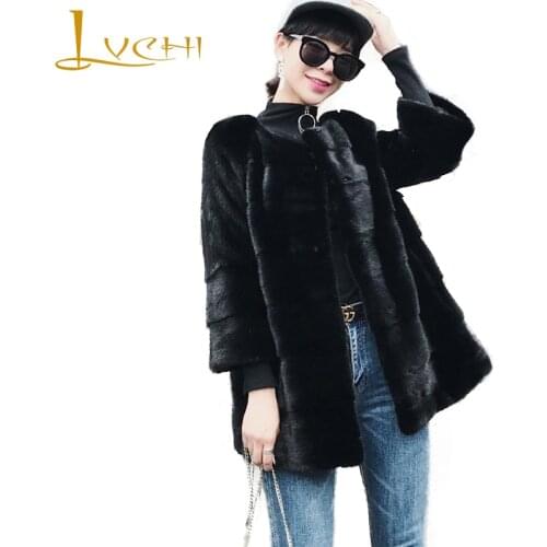 LVCHI Winter 2019 O-Neck Import Real Mink Fur Coats Womens Wave Cut Coat Full Pelt Button Medium Black Causal Slim Mink Coats