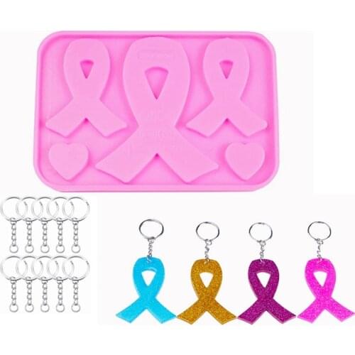 Ribbon Silicone Mold Awareness Ribbon Silicone Mold with Hole and 10 Pieces Keyrings for DIY Chocolate, Cake, Pudding, Ice Cream