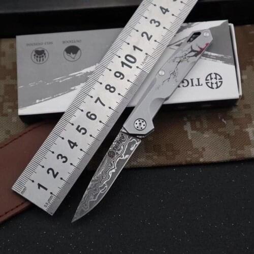 Folding knife 59HRC folding knife outdoor titanium alloy handle Damascus steel ball bearing system knife Tool