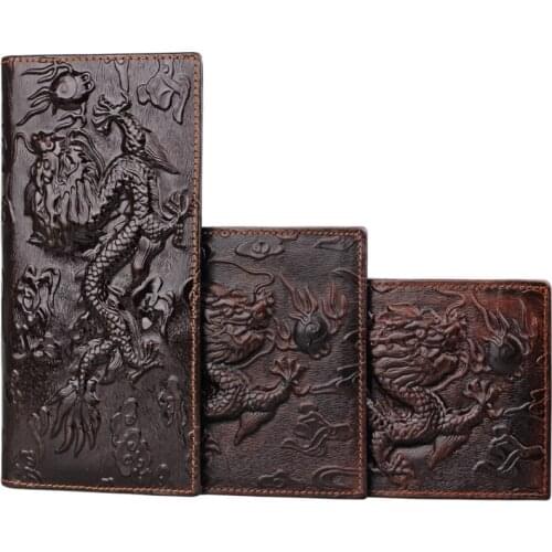 Vintage Dragon Crocodile Men Wallet Cowhide Long Bifold 3D Flowers Tiger Wallet Real Leather Coin Pocket Men Short Purse