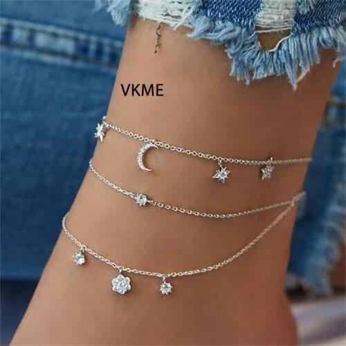 VKME Zircon Star Moon pendant Multilayer Anklet Beach Jewelry