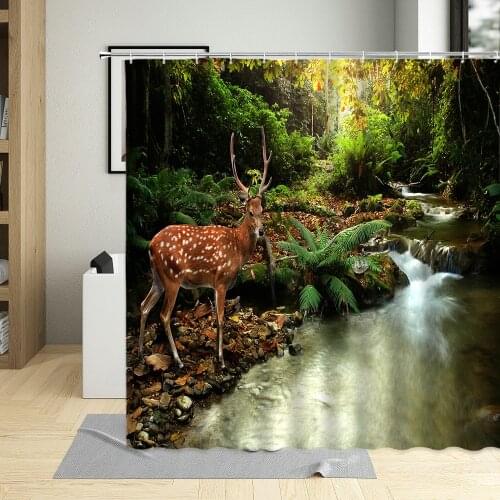 Elk Shower Curtain Wild Animal Forest Green Plant Grassland Snow Mountain Scenery Pattern Bathroom Decor Polyester Curtains Hook